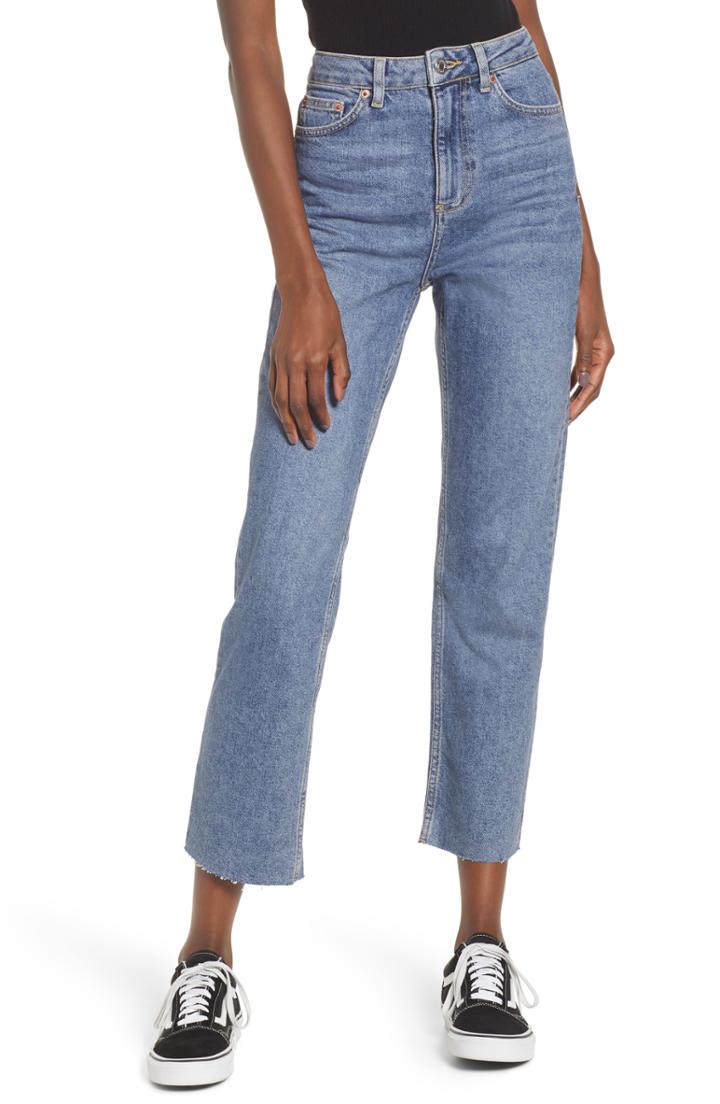 Petite Women's Topshop Raw Hem Straight Leg Jeans W X 30l (fits Like 25-26w) X - Blue