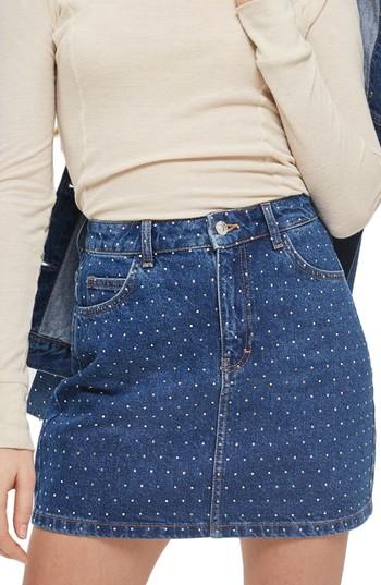 Women's Topshop Crystal Studded Denim Miniskirt Us (fits Like 0) - Blue