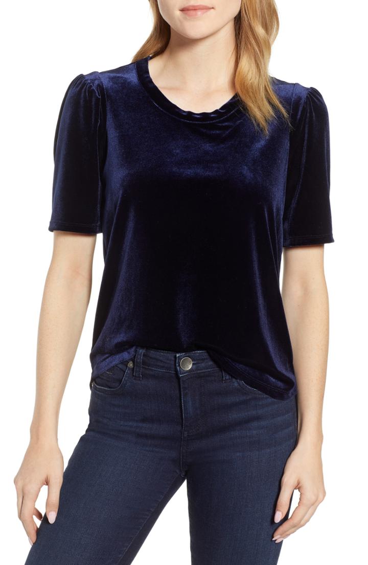 Women's 1.state Puff Sleeve Velvet Top, Size - Blue