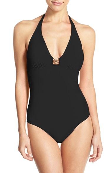 Women's Tory Burch Logo Halter One Piece Swimsuit - Black