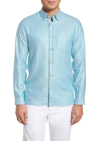 Men's Ted Baker London Linlins Herringbone Cotton & Linen Sport Shirt (3xl) - Blue