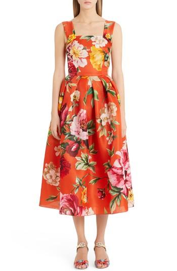 Women's Dolce & Gabbana Floral Print Silk Organza Tea Length Dress Us / 44 It - Orange
