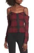 Women's Love, Fire Plaid Cold Shoulder Corset Top - Red