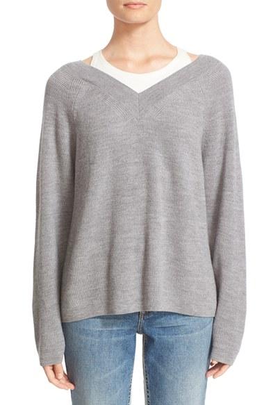 Women's T By Alexander Wang Layered Merino Wool Pullover - Grey
