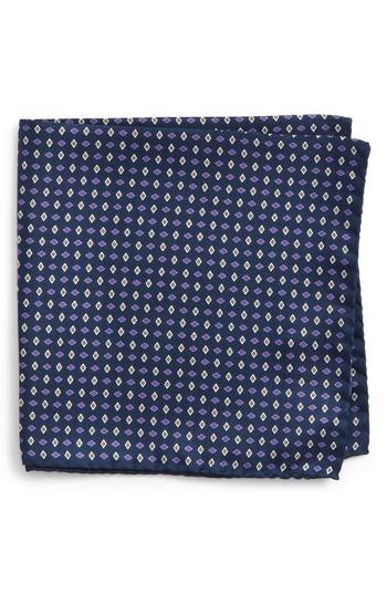 Men's Eton Geometric Grid Silk Pocket Square, Size - Blue