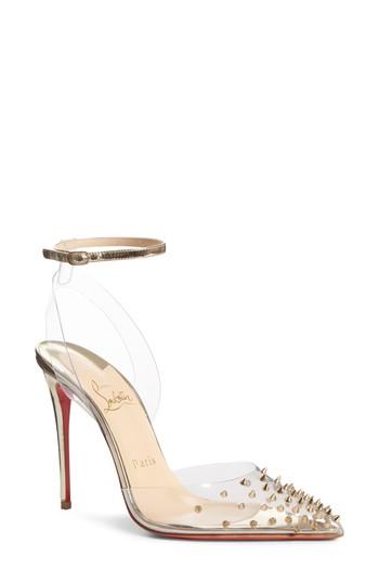 Women's Christian Louboutin Spikoo Clear Ankle Strap Pump Us / 38eu - Metallic