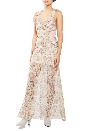 Women's Topshop Floral Ruffle Maxi Dress Us (fits Like 10-12) - Beige