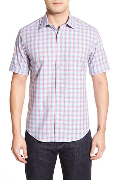 Men's Bugatchi Shaped Fit Short Sleeve Sport Shirt - Blue
