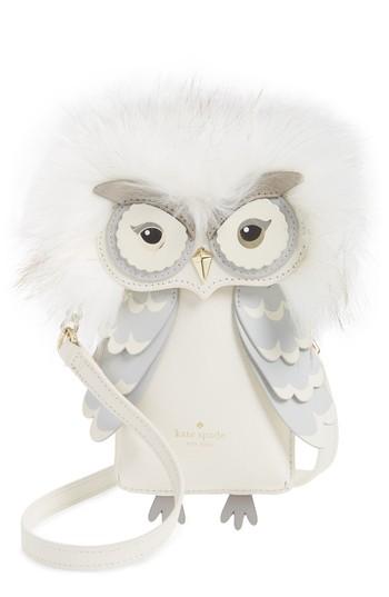 Women's Kate Spade New York Owl Faux Fur & Leather Smartphone Crossbody Bag - White