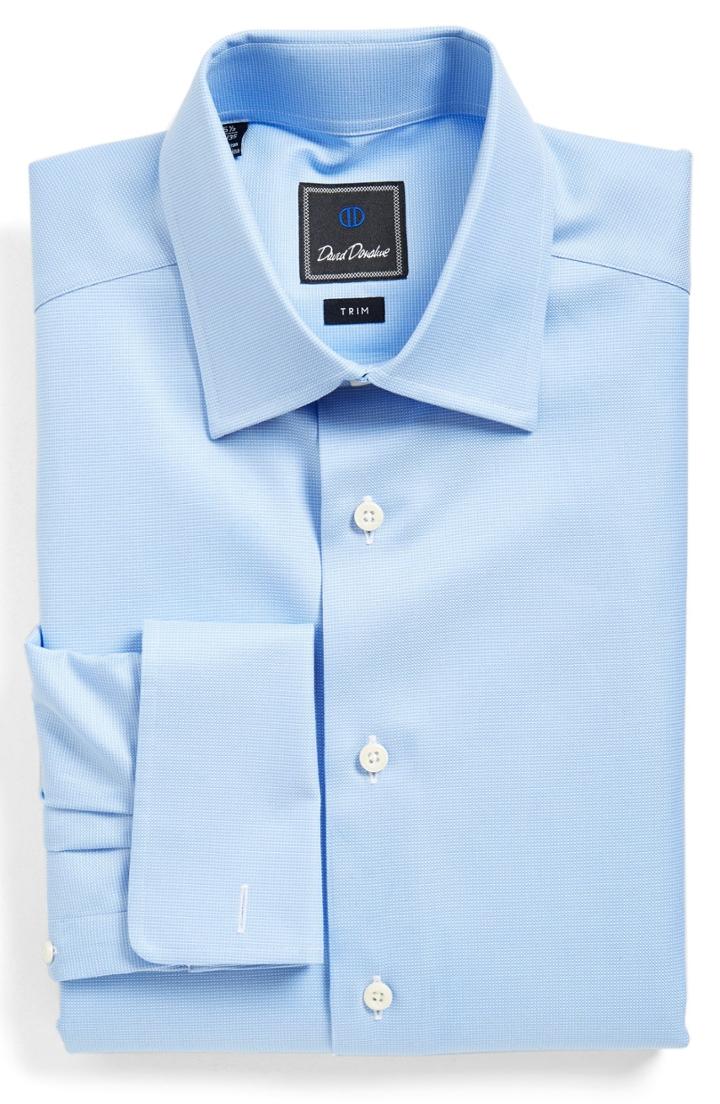 Men's David Donahue Trim Fit Texture French Cuff Dress Shirt - 34/35 - Blue