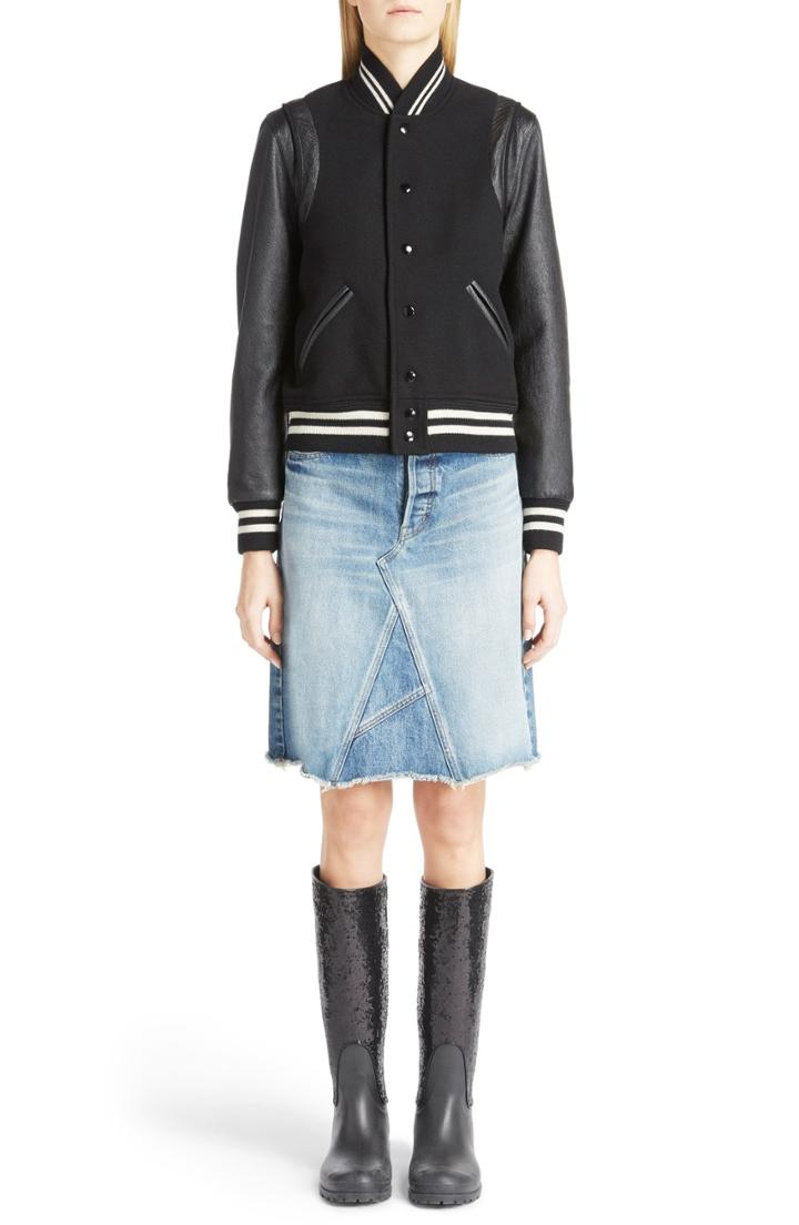 Women's Saint Laurent 'teddy' Full Leather Sleeve Bomber Jacket Us / 40 Fr - Black