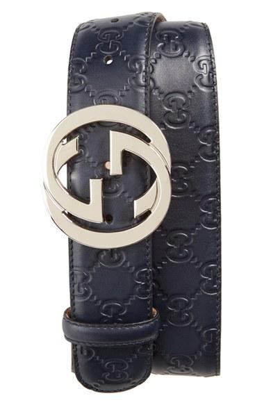 Men's Gucci Logo Embossed Leather Belt Eu - Grey