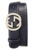 Men's Gucci Logo Embossed Leather Belt Eu - Grey