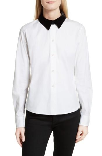Women's Theory Velvet Collar Stretch Cotton Shirt, Size - White
