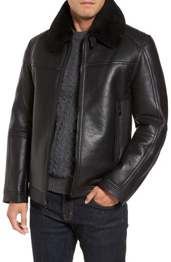 Men's Andrew Marc Leather Jacket With Genuine Shearling Collar - Black