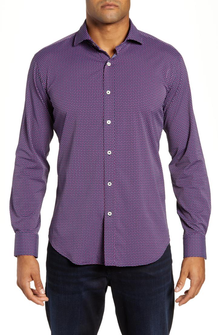 Men's Bugatchi Shaped Fit Geo Print Performance Sport Shirt, Size - Grey