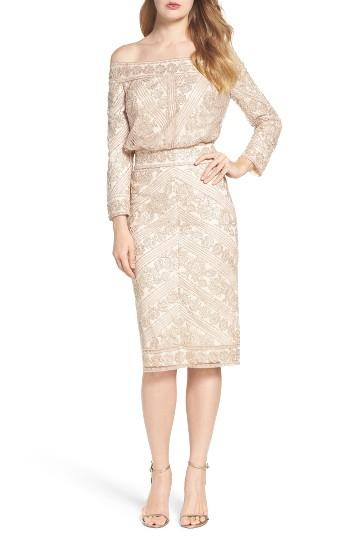 Women's Tadashi Shoji Embroidered Off The Shoulder Blouson Dress - Beige