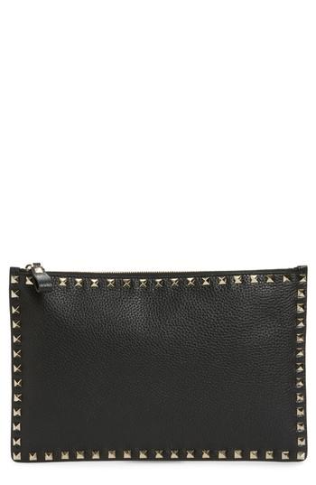 Valentino Garavani Large Rockstud Flat Leather Zip Pouch - Black
