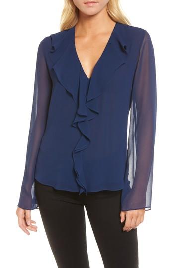 Women's Trouve Ruffle V-neck Blouse, Size - Blue