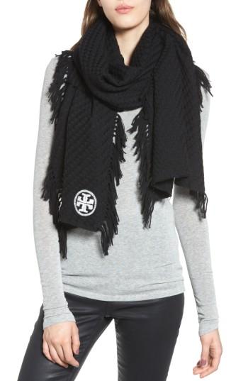 Women's Tory Burch Fringe Merino Wool Scarf, Size - Black