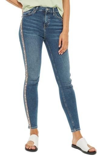 Women's Topshop Moto Jamie Stripe Skinny Jeans W X 30l (fits Like 31-32w) - Blue