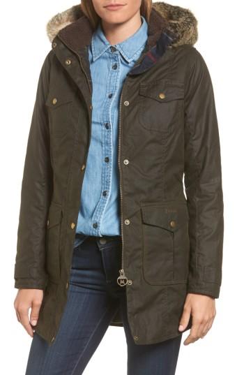 Women's Barbour Ashbridge Hooded Waxed Canvas Jacket With Faux Fur Trim Us / 10 Uk - Green