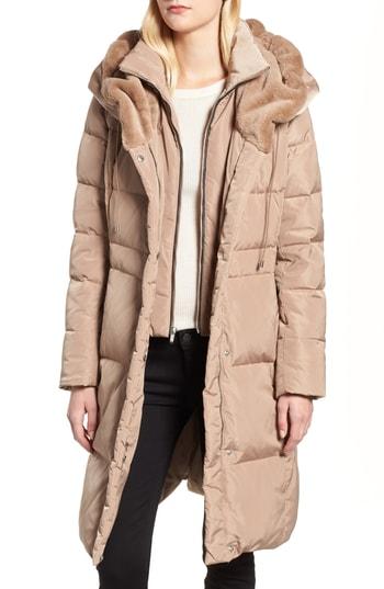 Women's Cole Haan Down & Feather Coat With Faux Fur Hood - Beige