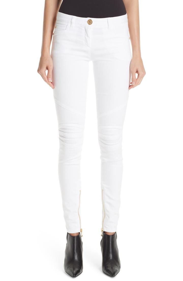 Women's Balmain Skinny Moto Jeans Us / 38 Fr - White