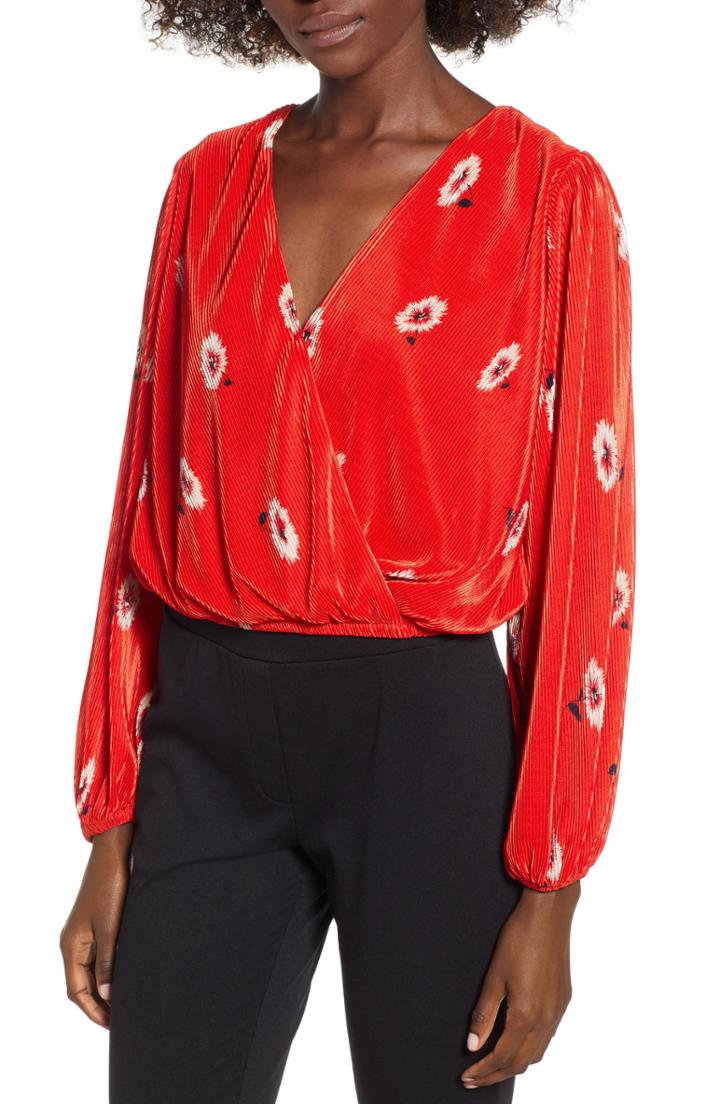Women's Astr The Label Pleated Long Sleeve Surplice Top