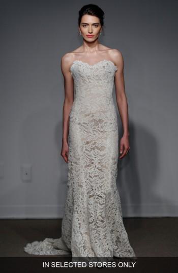 Women's Anna Maier Couture Lyon Strapless Lace Column Gown, Size - White