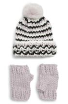 Women's Trouve Chunky Stitch Beanie With Faux Fur Pom & Fingerless Gloves Gift Set - Grey