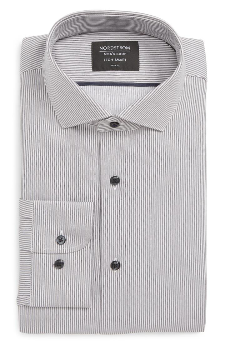 Men's Nordstrom Men's Shop Tech-smart Trim Fit Stretch Stripe Dress Shirt - 34/35 - Grey