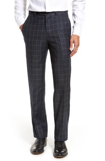 Men's Berle Flat Front Windowpane Wool Trousers - Blue