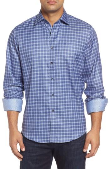 Men's Bugatchi Classic Fit Windowpane Denim Sport Shirt - Blue