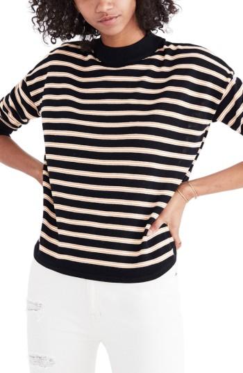 Women's Madewell Stripe Mock Neck Boxy Sweater, Size - Black