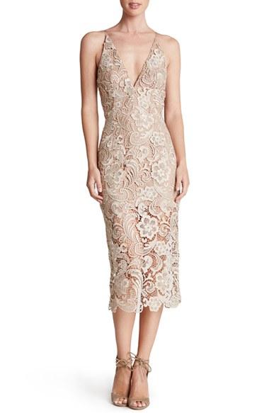 Women's Dress The Population 'marie' Lace Midi Dress - Beige