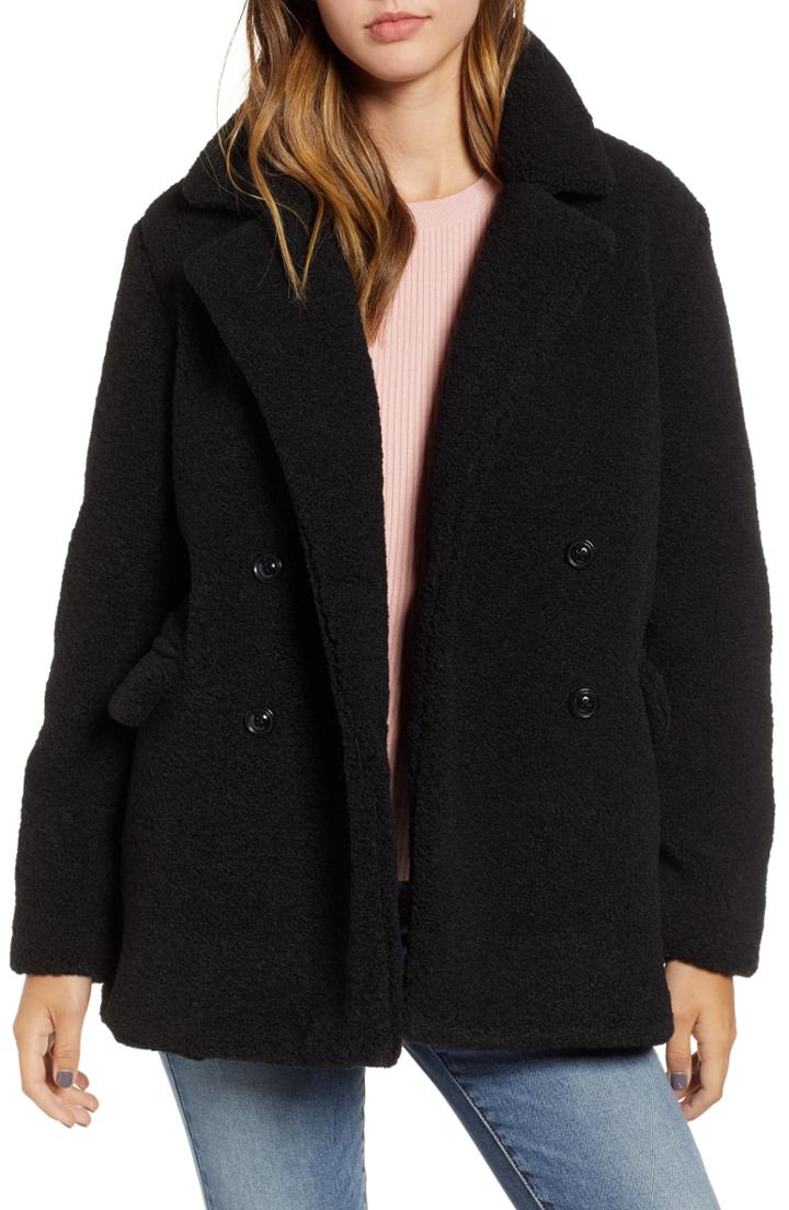 Women's Bp. Textured Double Breasted Coat, Size - Black