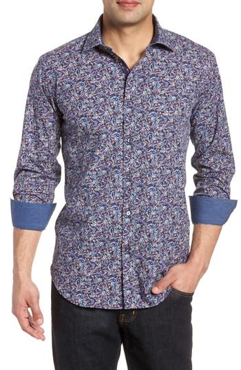 Men's Bugatchi Midnight Bloom Shaped Fit Sport Shirt - Blue