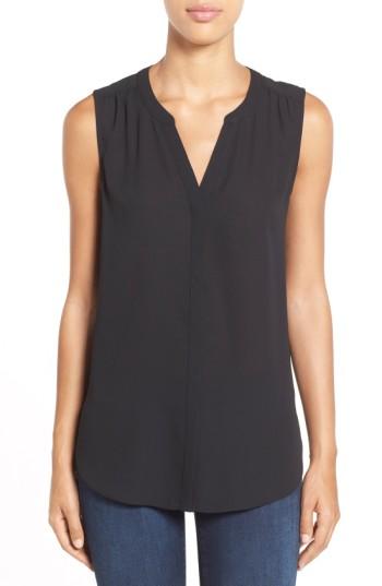 Petite Women's Nydj Print Pleat Back Sleeveless Split Neck Blouse P - Black