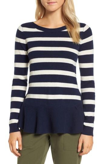 Women's Nordstrom Signature Ruffle Stripe Cashmere Sweater - Blue