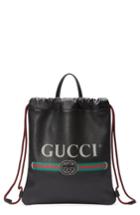 Gucci Small Logo Leather Drawstring Backpack - Black