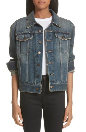 Women's Saint Laurent Heart Cutout Boyfriend Denim Jacket - Blue