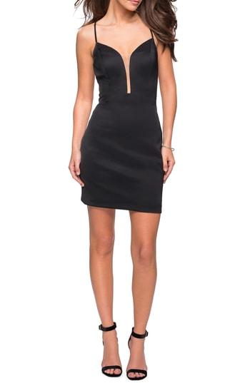 Women's La Femme Strappy Back Satin Party Dress - Black
