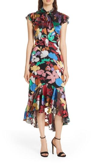 Women's Alice + Olivia Lessie Tie Neck Silk Blend Ruffle Dress - Black