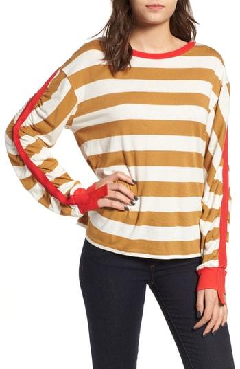 Women's Bp. Cinch Sleeve Stripe Tee, Size - Brown
