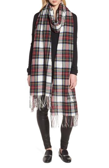 Women's Burberry Oversize Tartan Cashmere & Merino Wool Wrap, Size - White