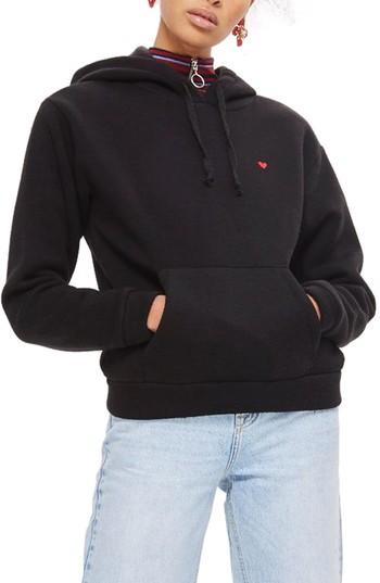 Women's Topshop Embroidered Heart Hoodie Us (fits Like 0) - Black