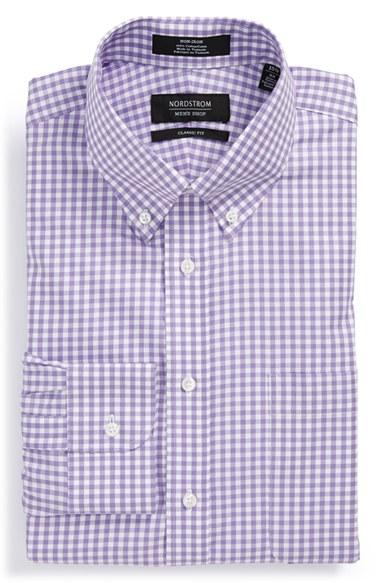 Men's Nordstrom Men's Shop Classic Fit Non-iron Gingham Dress Shirt 33 - Purple (online Only)