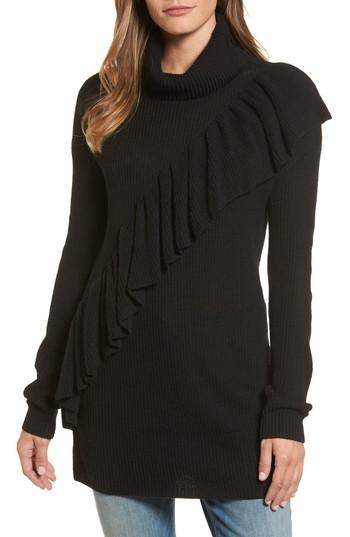 Women's Halogen Ruffle Front Turtleneck Tunic - Black
