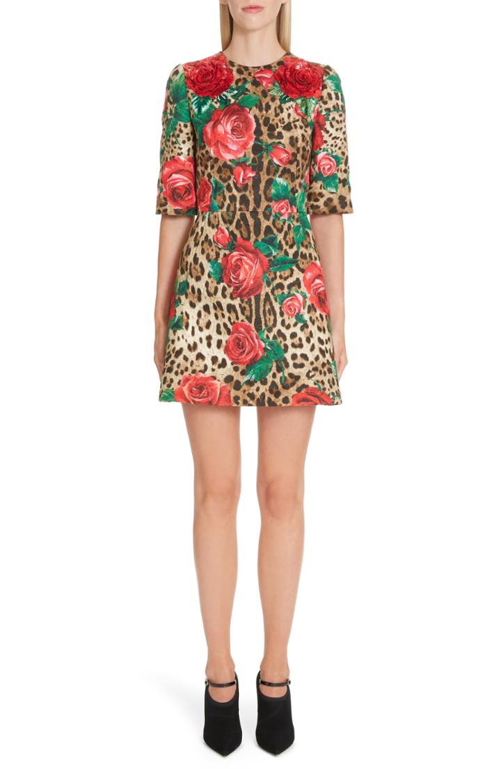 Women's Dolce & Gabbana Embellished Rose & Leopard Print Brocade Dress Us / 46 It - Brown